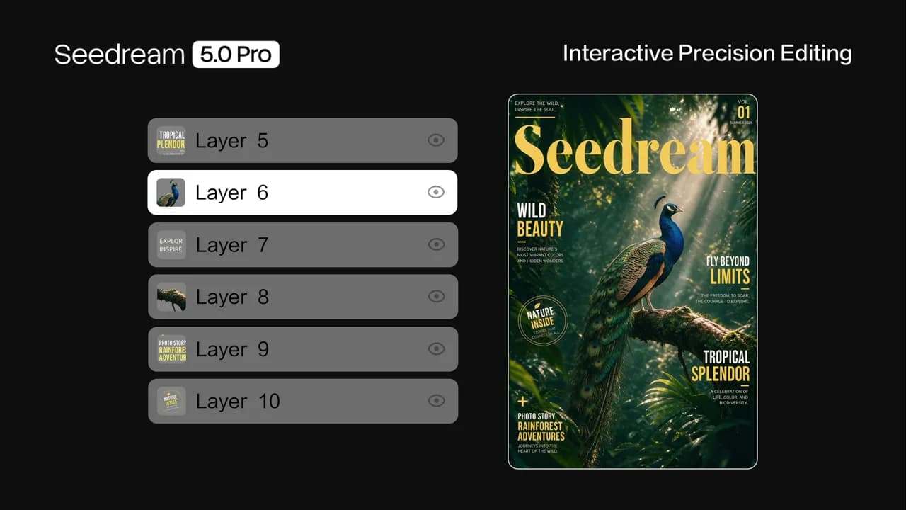 A parrot poster beside a list of independent layers in ByteDance's layer-separation demo.