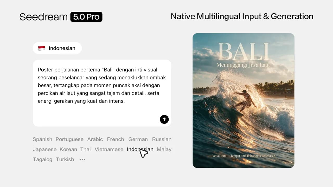 An Indonesian prompt beside a localized Bali travel poster in ByteDance's multilingual demo.