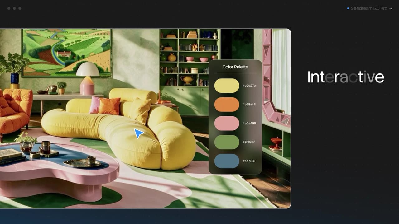 A colorful interior design interface frame from ByteDance's Seedream 5.0 Pro overview video.