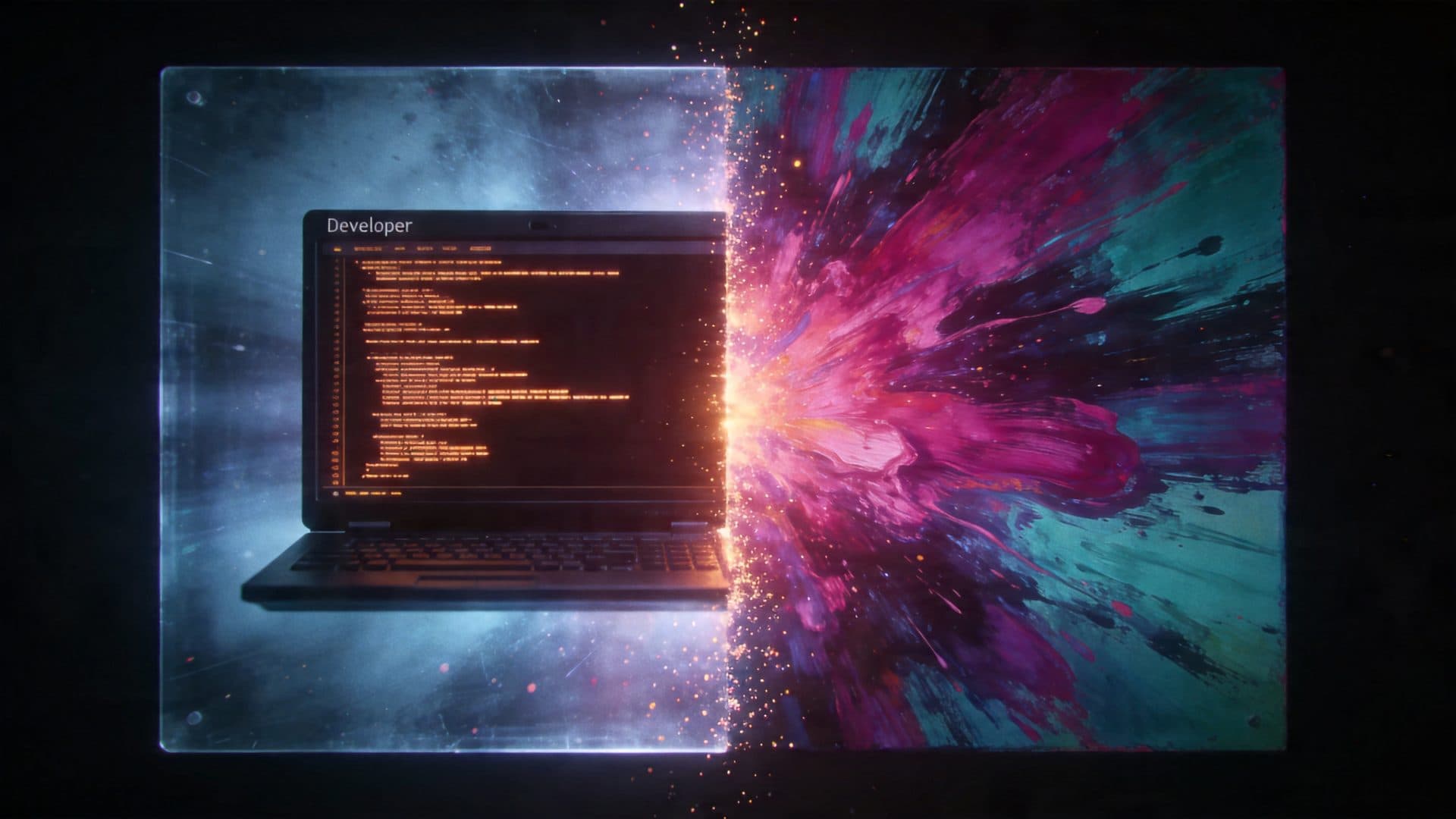 A split-frame hero showing a developer terminal on the left and a bursting painterly canvas on the right.