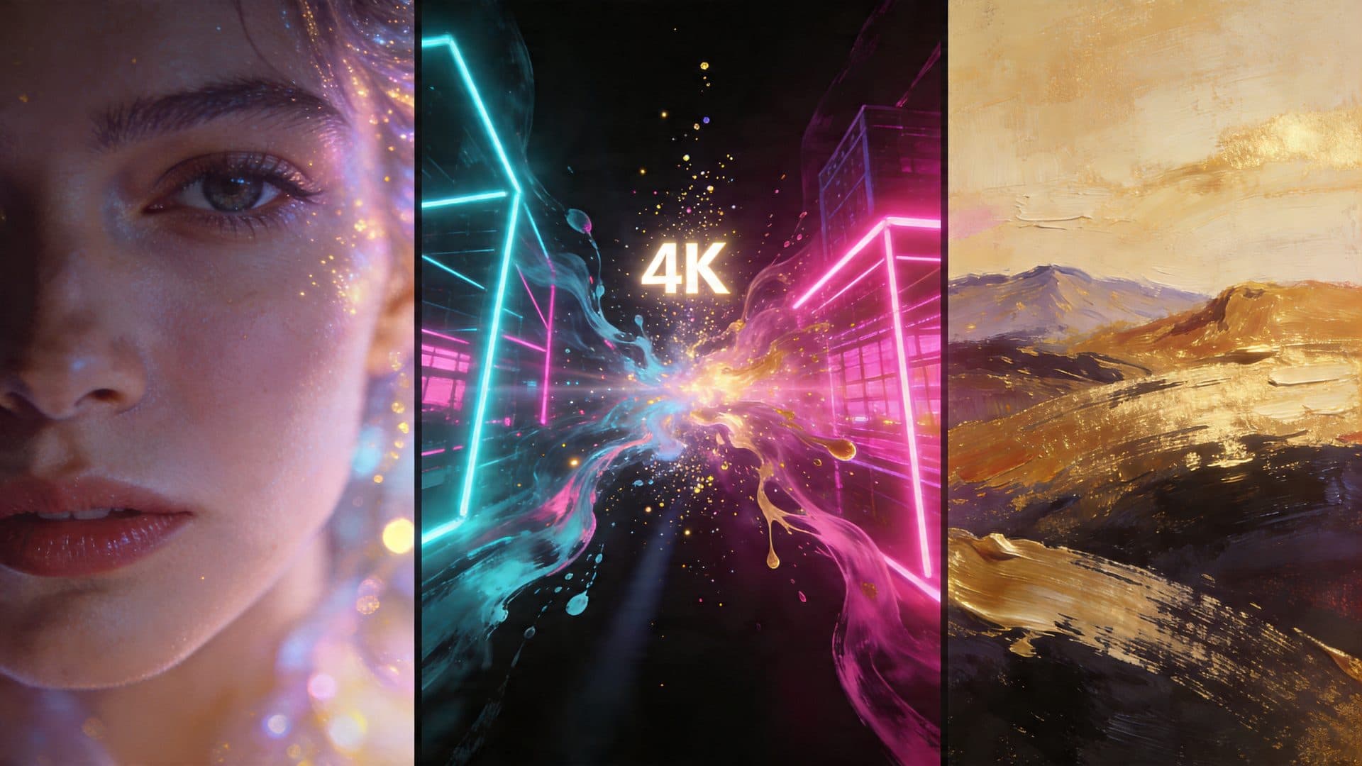 A cinematic triptych hero of three genre panels dissolving into light and paint at the center.