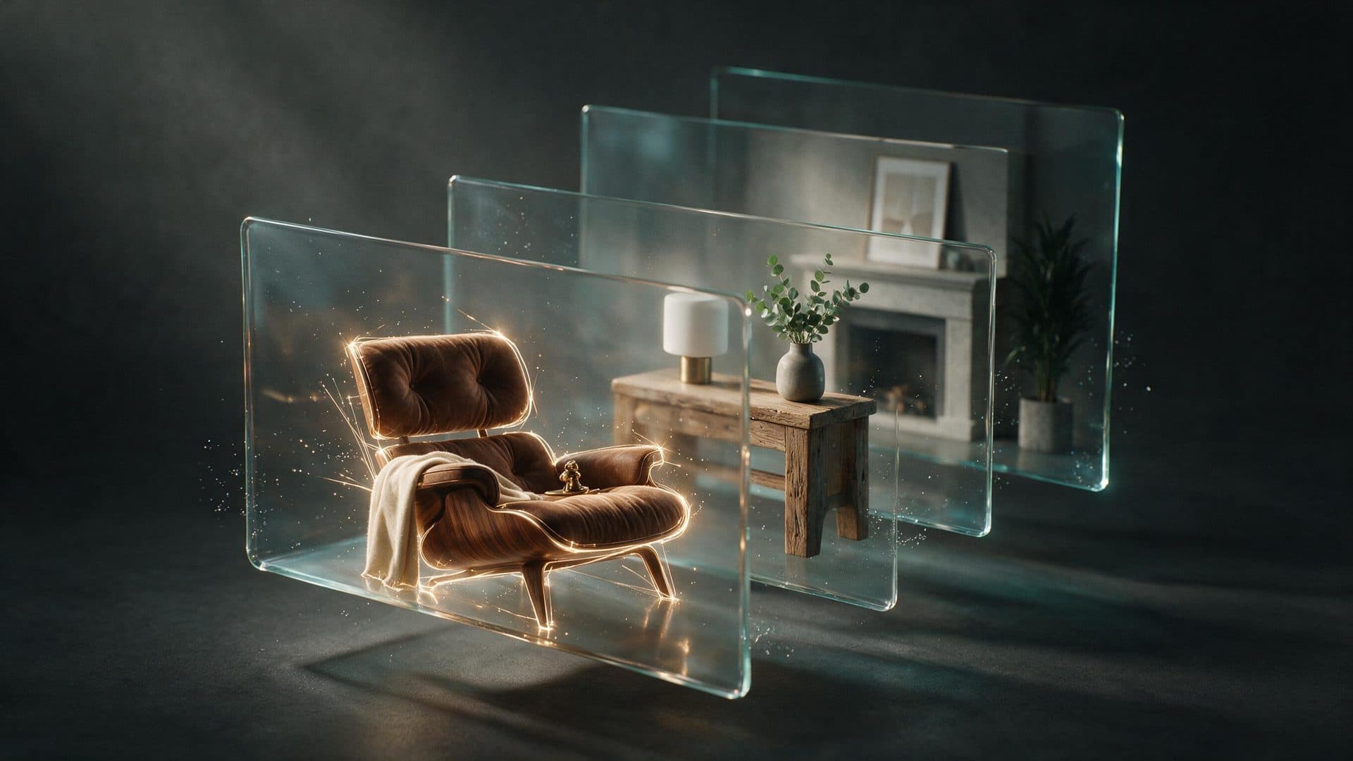 A Seedream 5 Pro scene separating into translucent visual layers around a chair and interior.