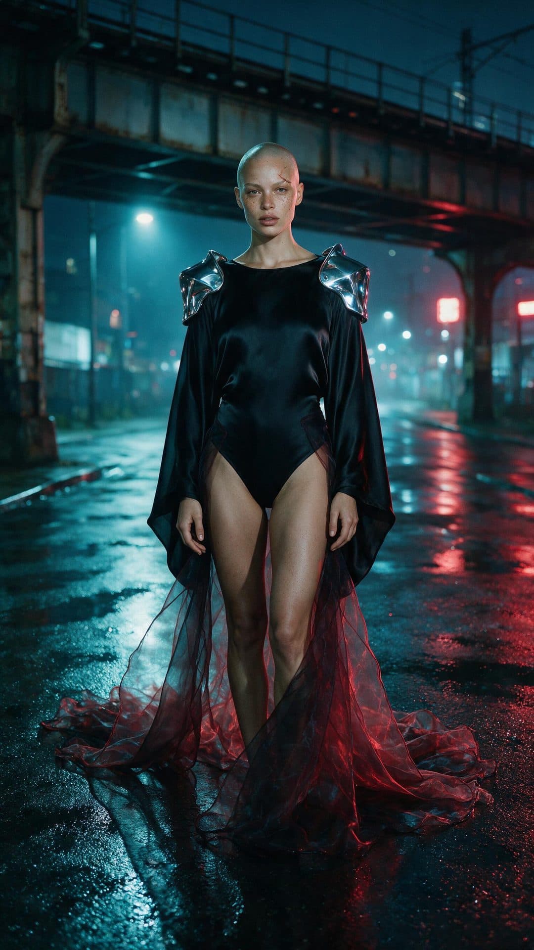 A shaved-head adult fashion model in chrome shoulders and a black bodysuit on a rain-wet red-and-cyan-lit street.