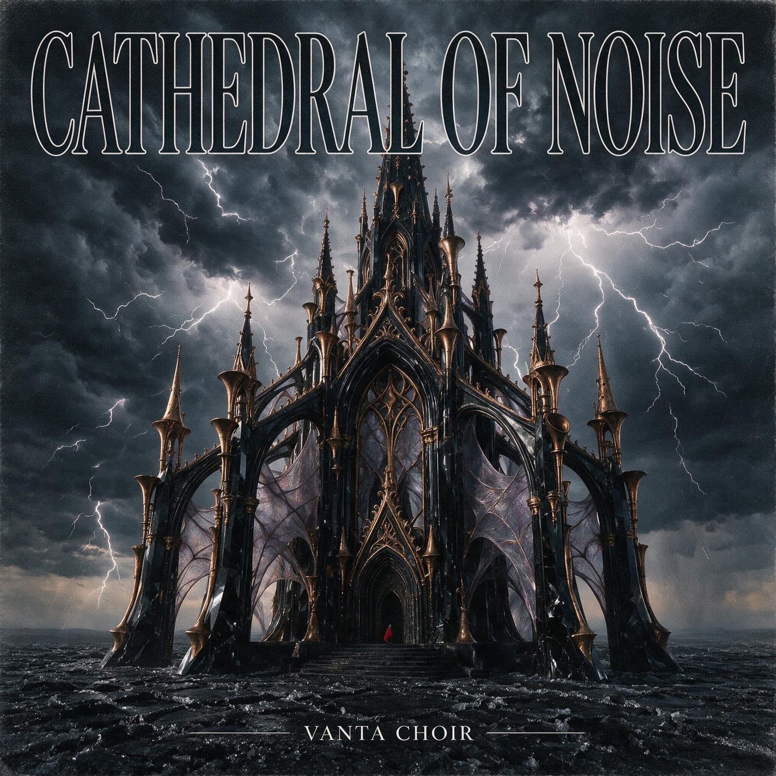 An album cover titled CATHEDRAL OF NOISE shows an obsidian-and-bronze cathedral under white lightning with a tiny red figure at its entrance.