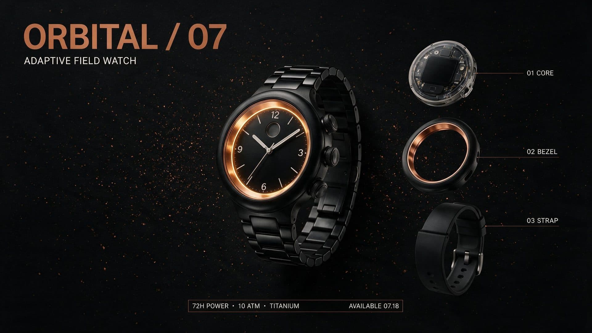A black-and-copper ORBITAL 07 watch launch board with exact headline and specification text beside labeled core, bezel, and strap components.