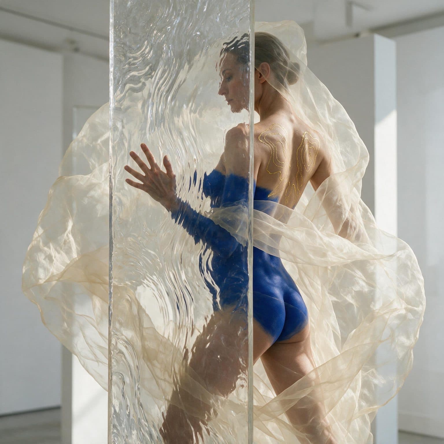 An adult-presenting subject in cobalt coverage poses in side profile behind rippled resin and billowing ivory organza with gold contour lines across the back.