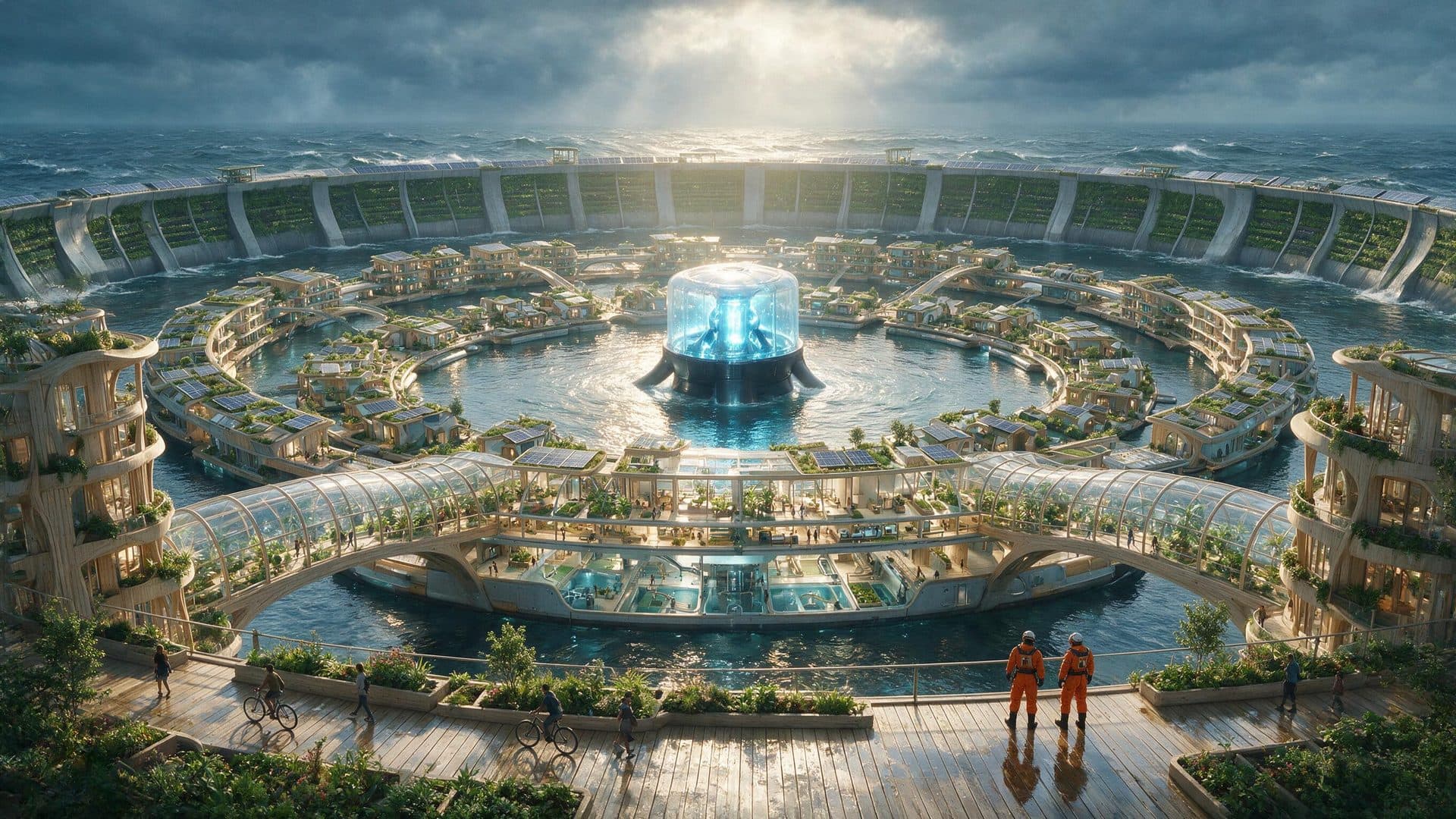 A storm-ringed floating district surrounds a luminous tidal turbine beyond a wet garden promenade with cyclists and two orange-suited figures.