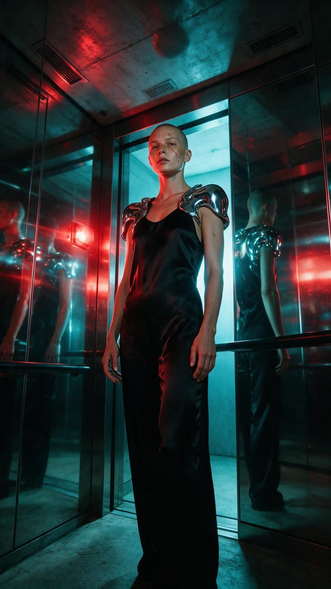 A shaved-head adult in an opaque black fashion look inside a mirrored elevator, with red and cyan light; the primary subject’s feet are cropped.