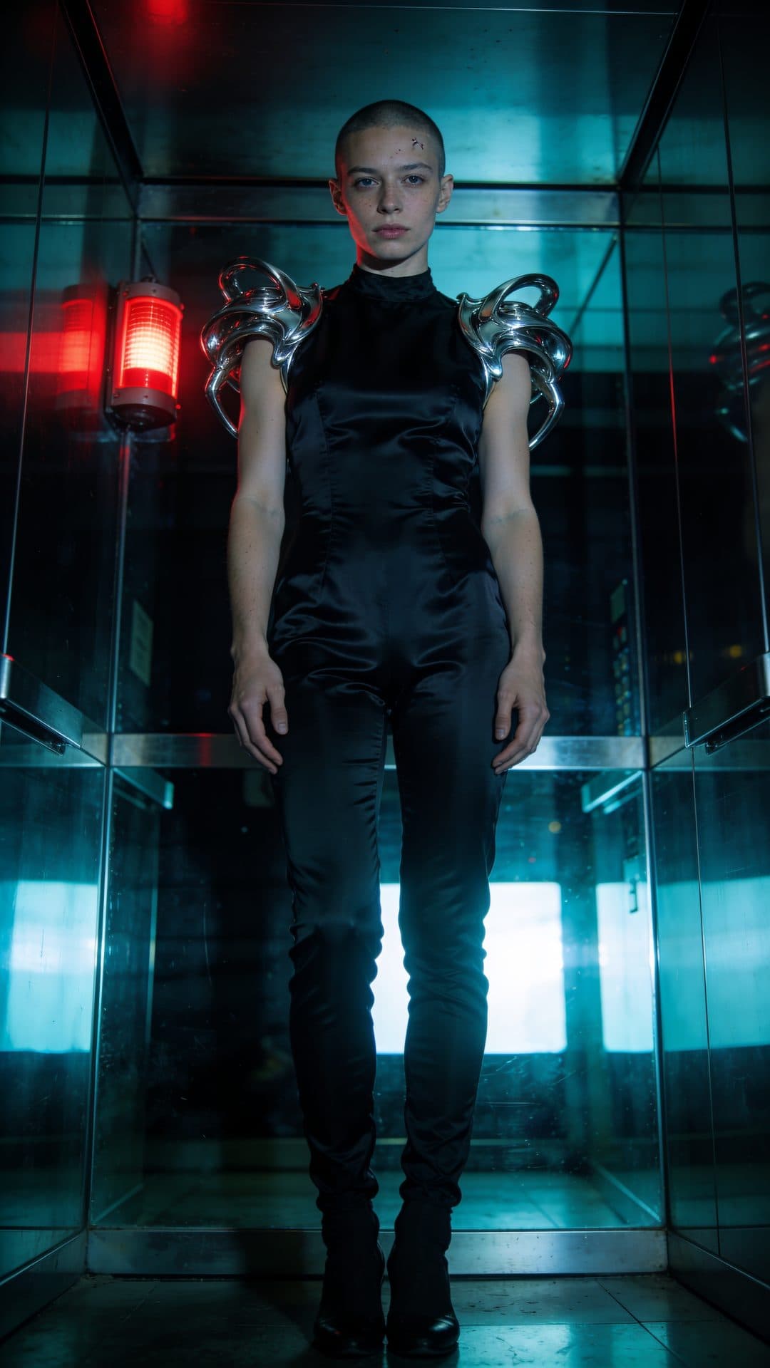 A full-length shaved-head adult in an opaque black bodysuit with looped chrome shoulders, centered inside a mirrored elevator.