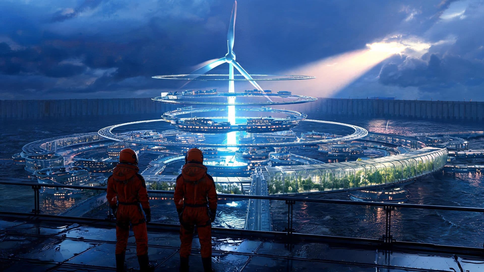 Two orange-suited engineers overlook stacked circular city decks and a tall wind turbine, with a greenhouse and storm beyond.