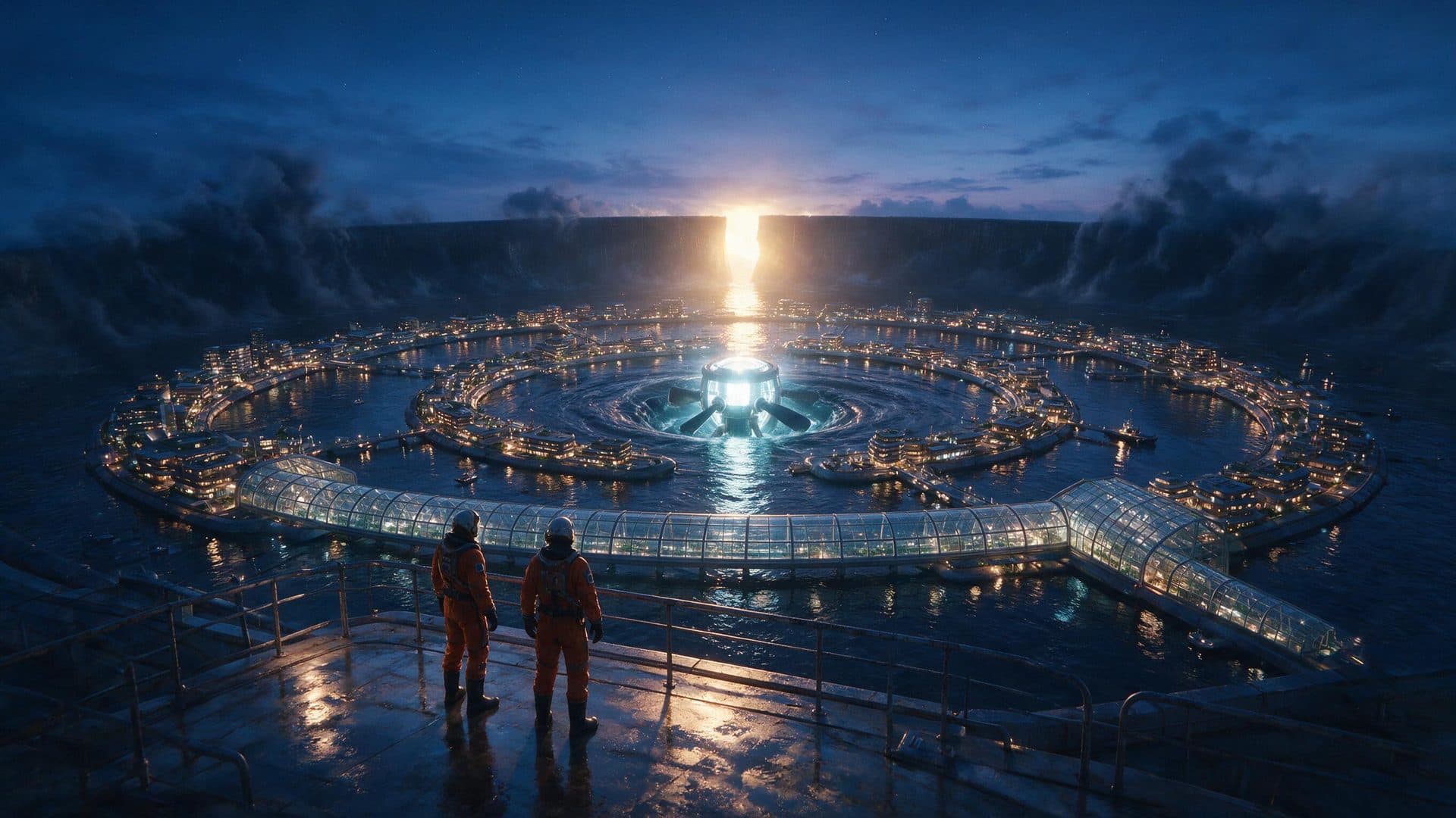 Two orange-suited engineers overlook a wet deck, greenhouse bridge, and three concentric city rings around a low tidal turbine beneath a storm.