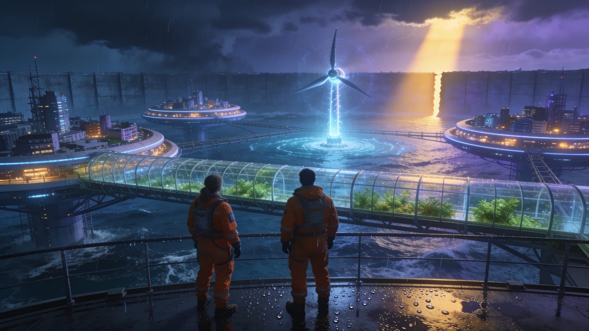 Two orange-suited engineers overlook separated circular platforms around a tall wind turbine, with a greenhouse bridge and storm beyond.