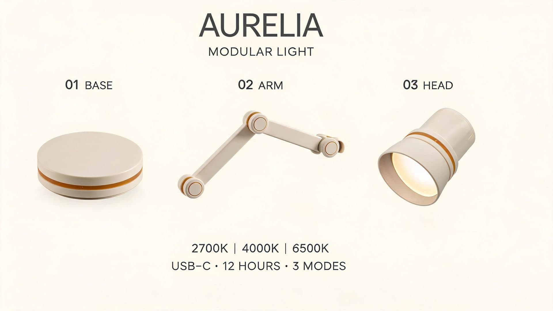 Seedream 5 Lite AURELIA modular lamp infographic showing every requested word and number legibly across three exploded components; “USB–C” has a visibly longer dash, and the specifications appear as two loose lines without the requested compact strip container.