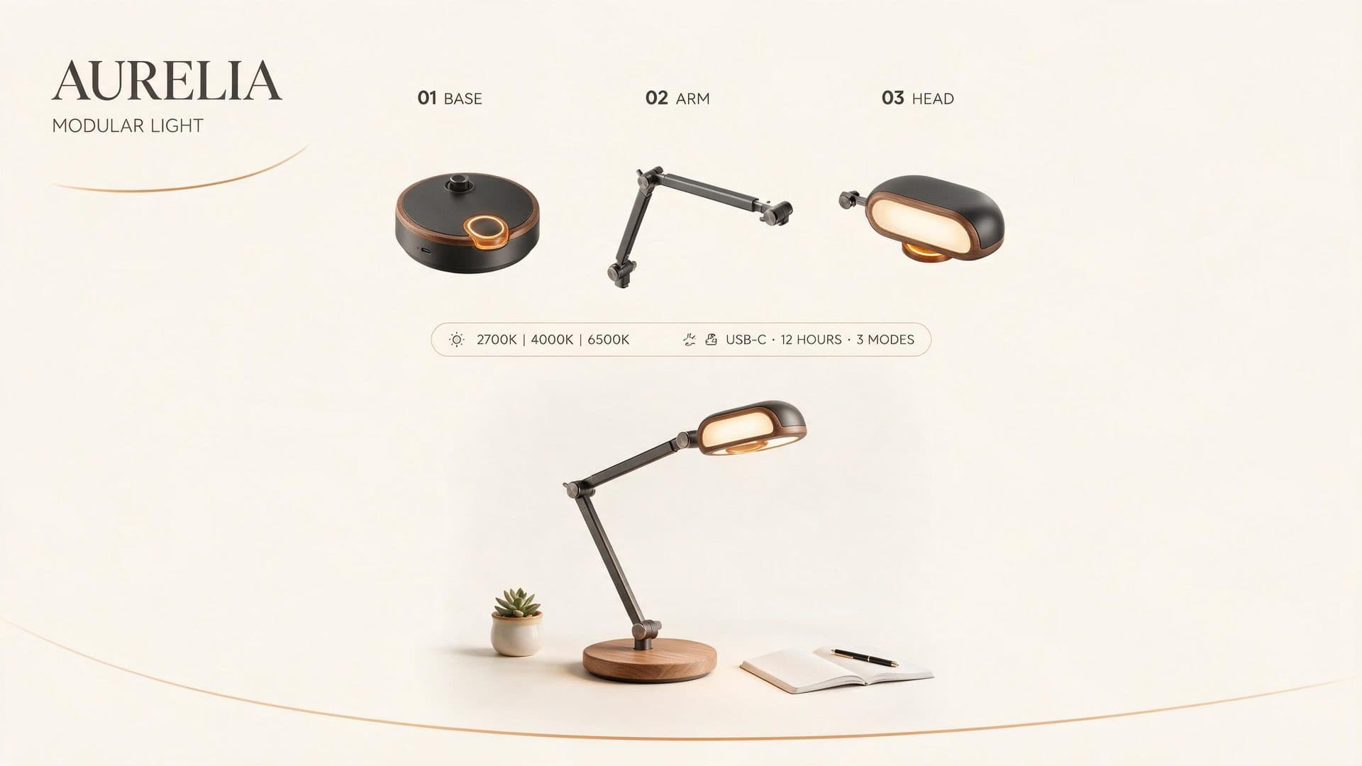 Seedream 5 Pro AURELIA modular lamp infographic showing all requested text exactly, three exploded components, an assembled lamp below, and the specifications inside a bordered compact strip.