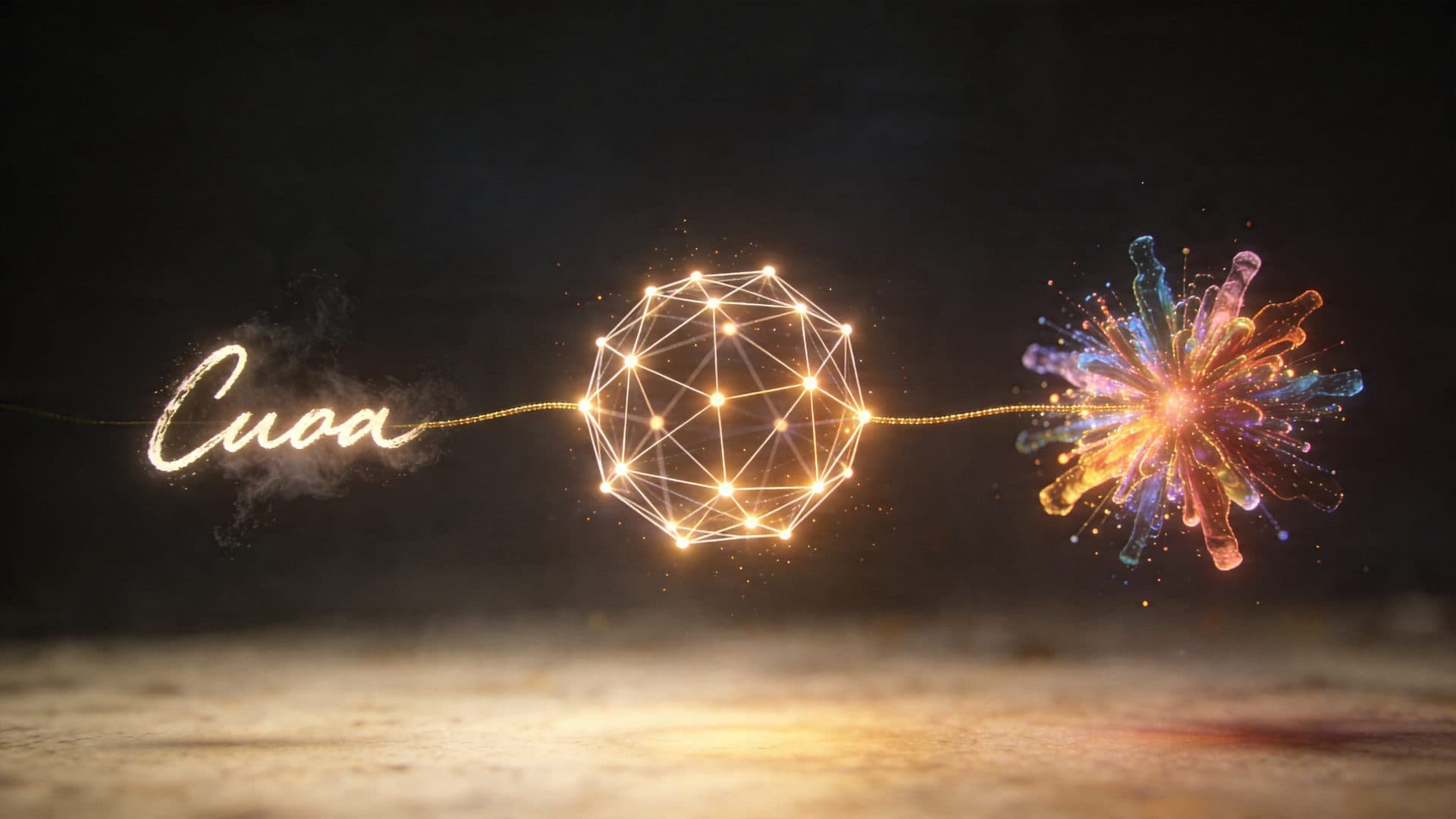 Three floating luminous figures showing text, neural mesh, and finished artwork connected by a golden thread.