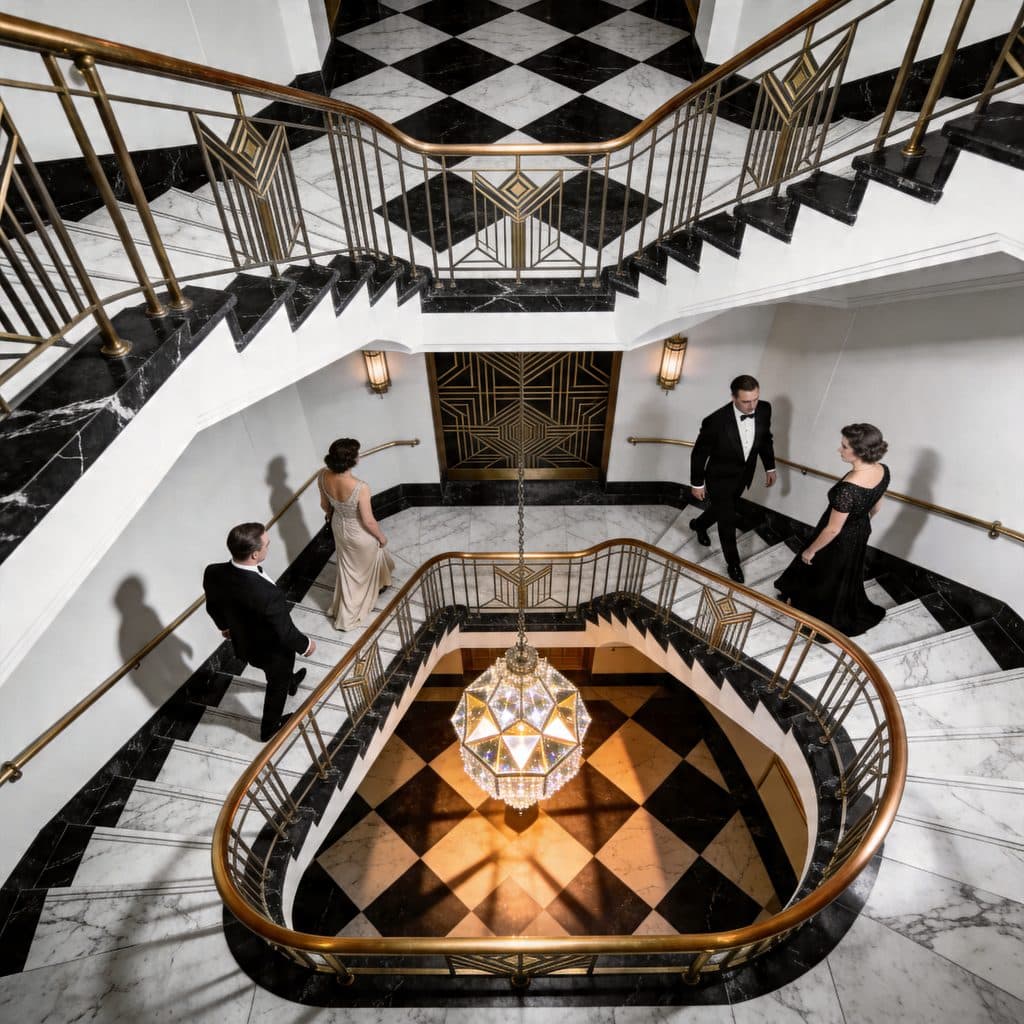 An Art-Deco hotel lobby with three staircases running along floor, wall, and ceiling in Escher-impossible geometry.