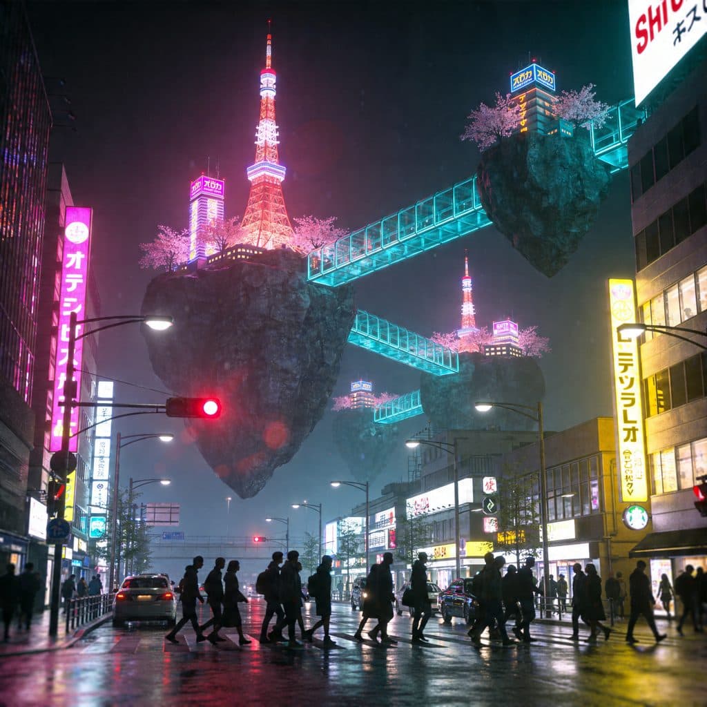 Shibuya Crossing at night with floating rock islands above connected by glass bridges and neon-lit towers.