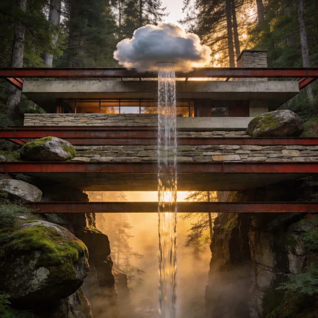 A cantilevered cliffside house with a waterfall flowing upward into a hovering cloud above the roof.