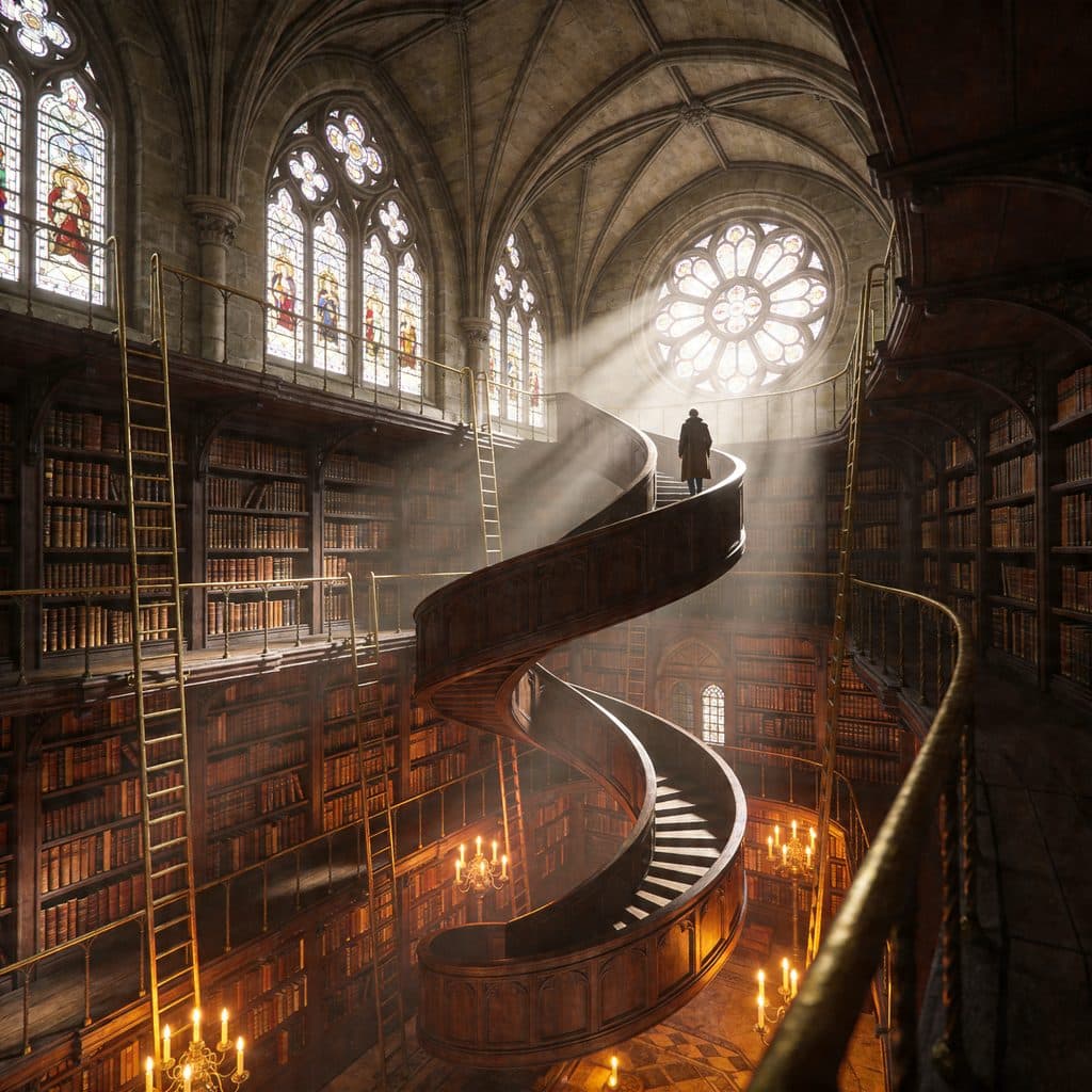 A Gothic cathedral library where oak bookcases form a Möbius strip twisting through vaulted ceilings.