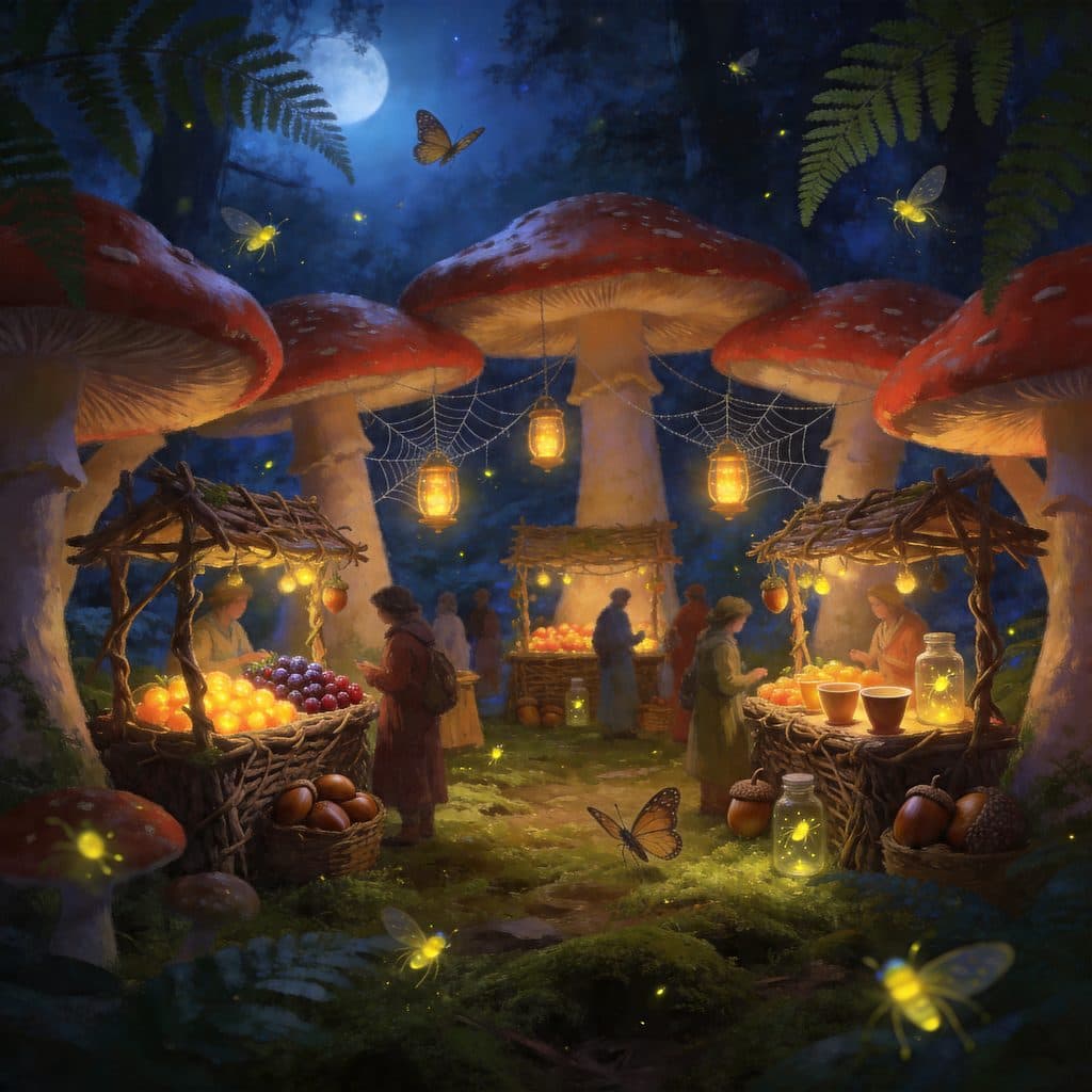 A midnight fairy market of bark-and-twig stalls within a ring of red mushrooms lit by firefly lanterns.