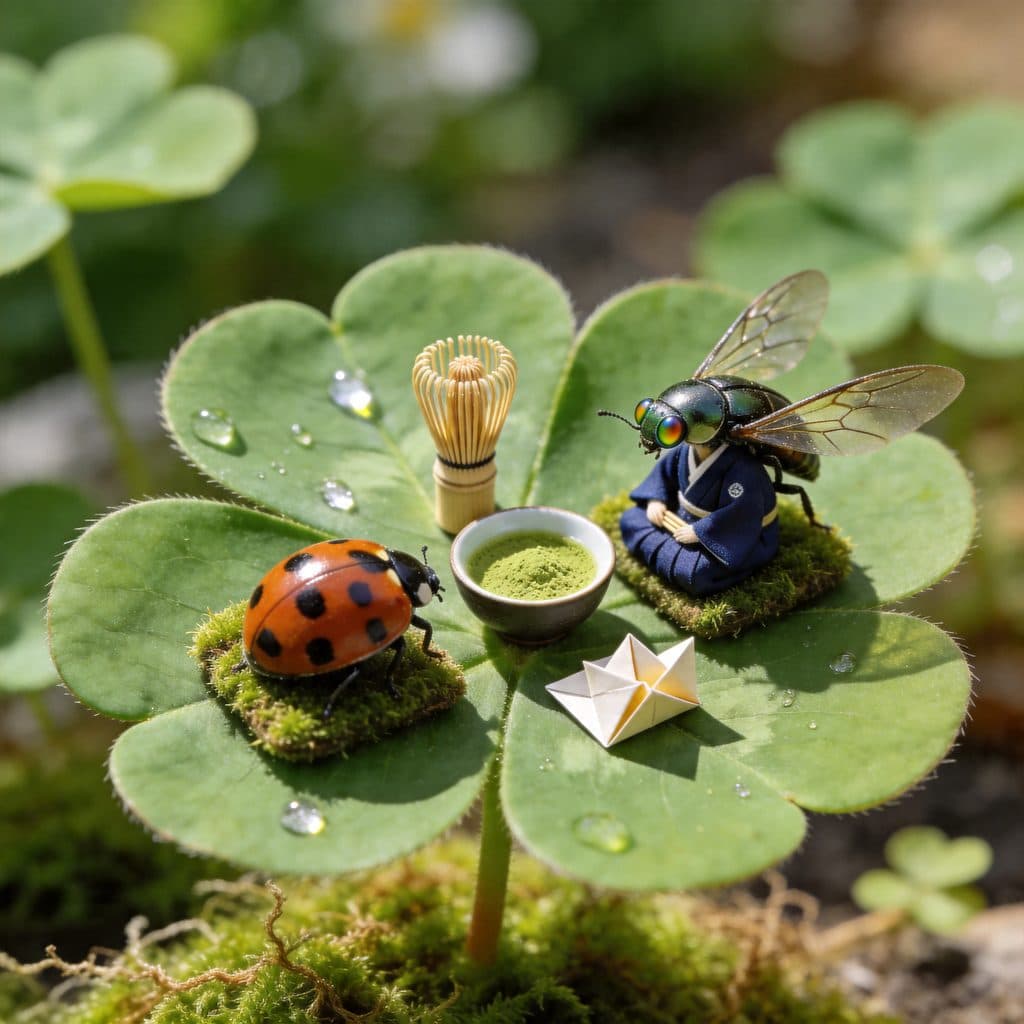 A macro shot of a beetle and ladybug performing a miniature Japanese tea ceremony on a clover leaf.