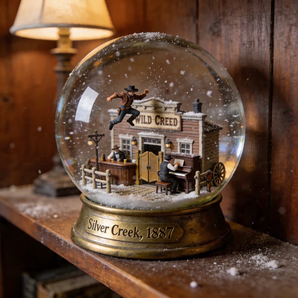 A snow globe containing a miniature Wild West saloon brawl in motion with perpetual snowfall.