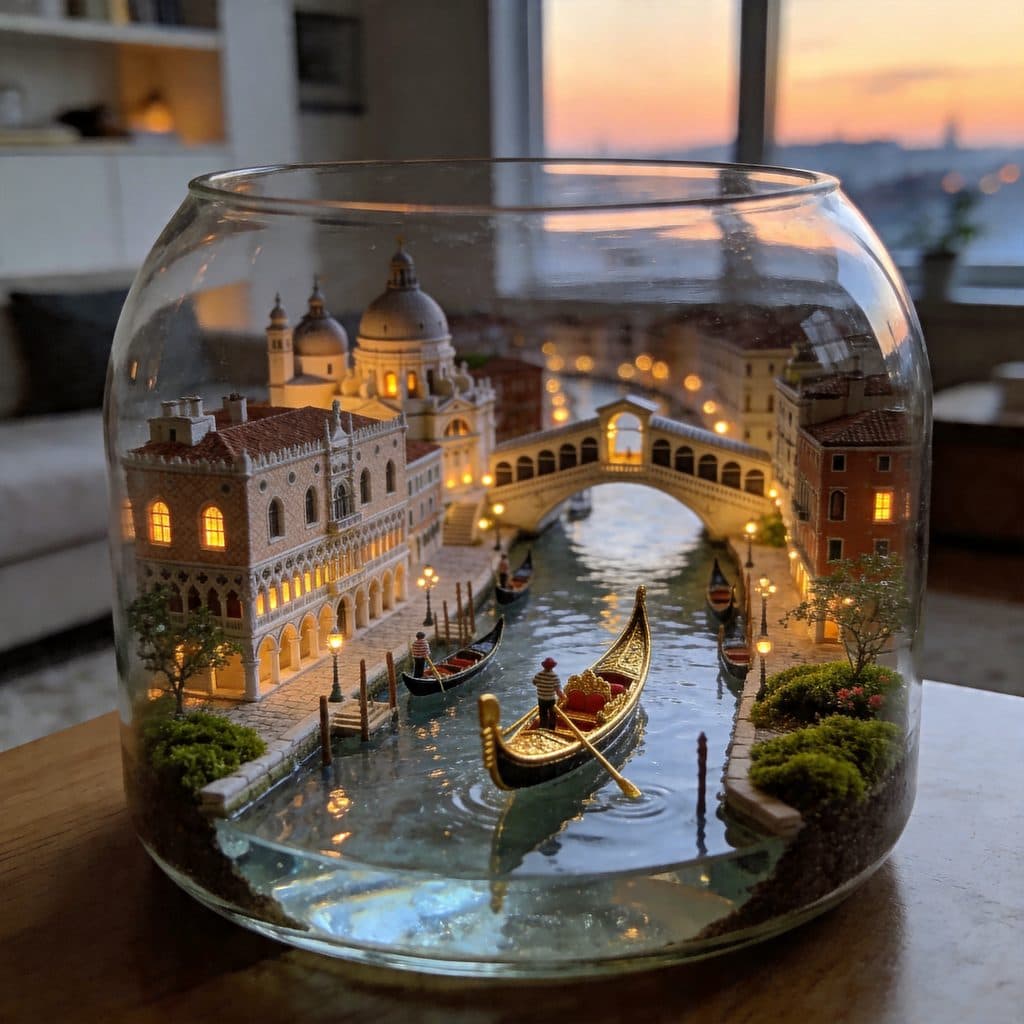 A glass terrarium holding a miniature Venice with resin canals, tiny gondolas, and glowing palace windows.