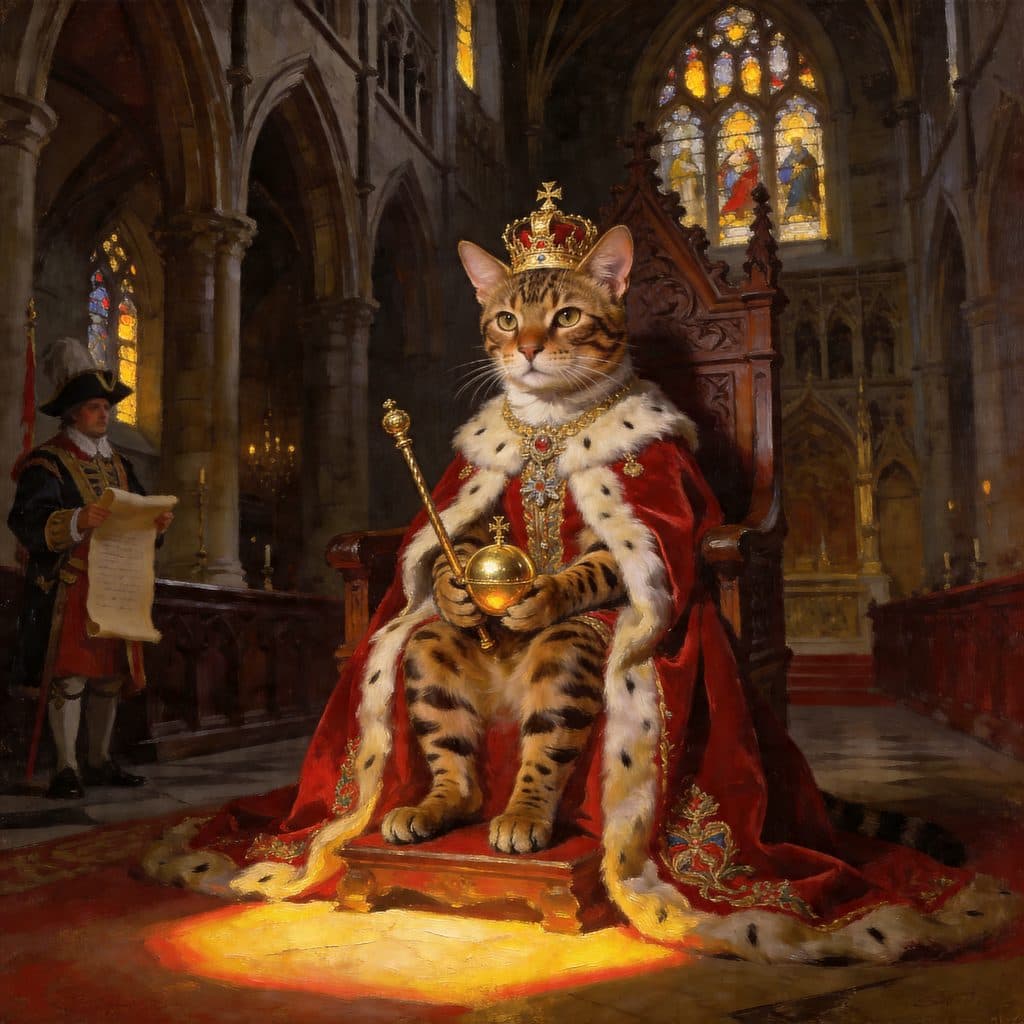 A Bengal cat in crimson coronation robes and a miniature crown seated on a carved throne in Westminster Abbey.