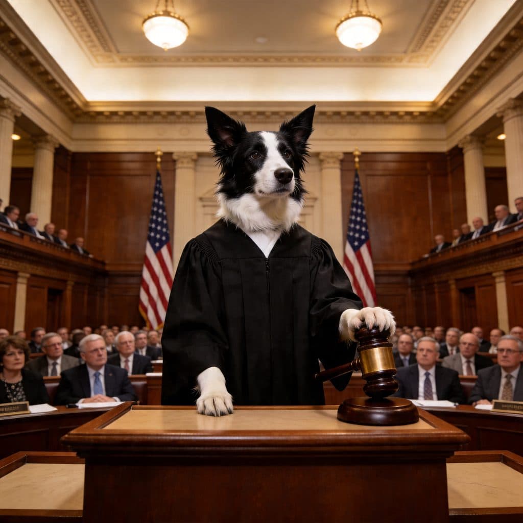 A border collie in formal black judicial robes presiding at the Senate rostrum with gavel in paw.