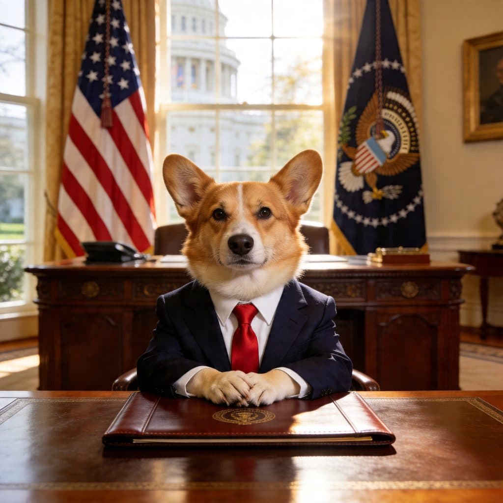 A Pembroke corgi in a tailored navy suit seated behind the Resolute Desk in the Oval Office.