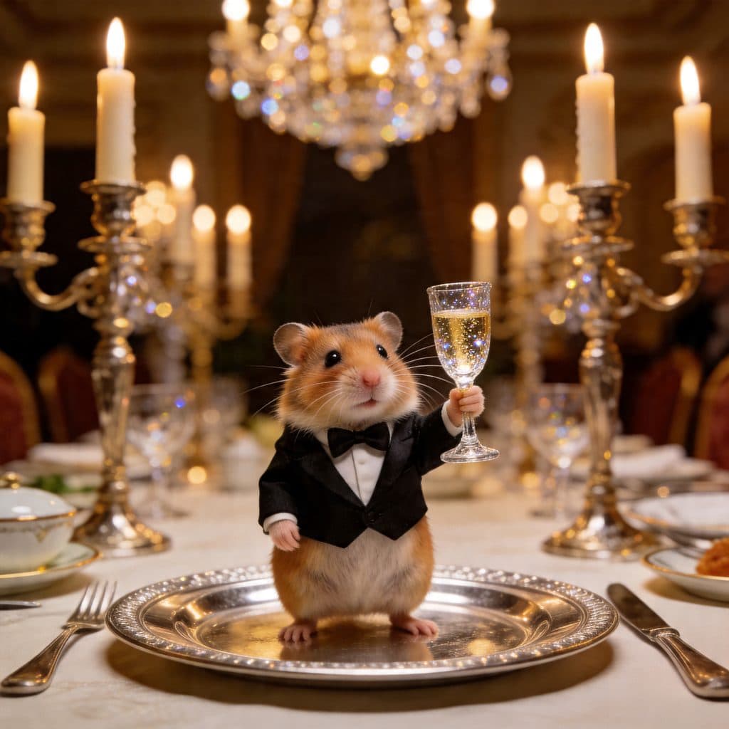 A Syrian hamster in a miniature tuxedo toasting with a tiny champagne flute at a glittering state dinner.