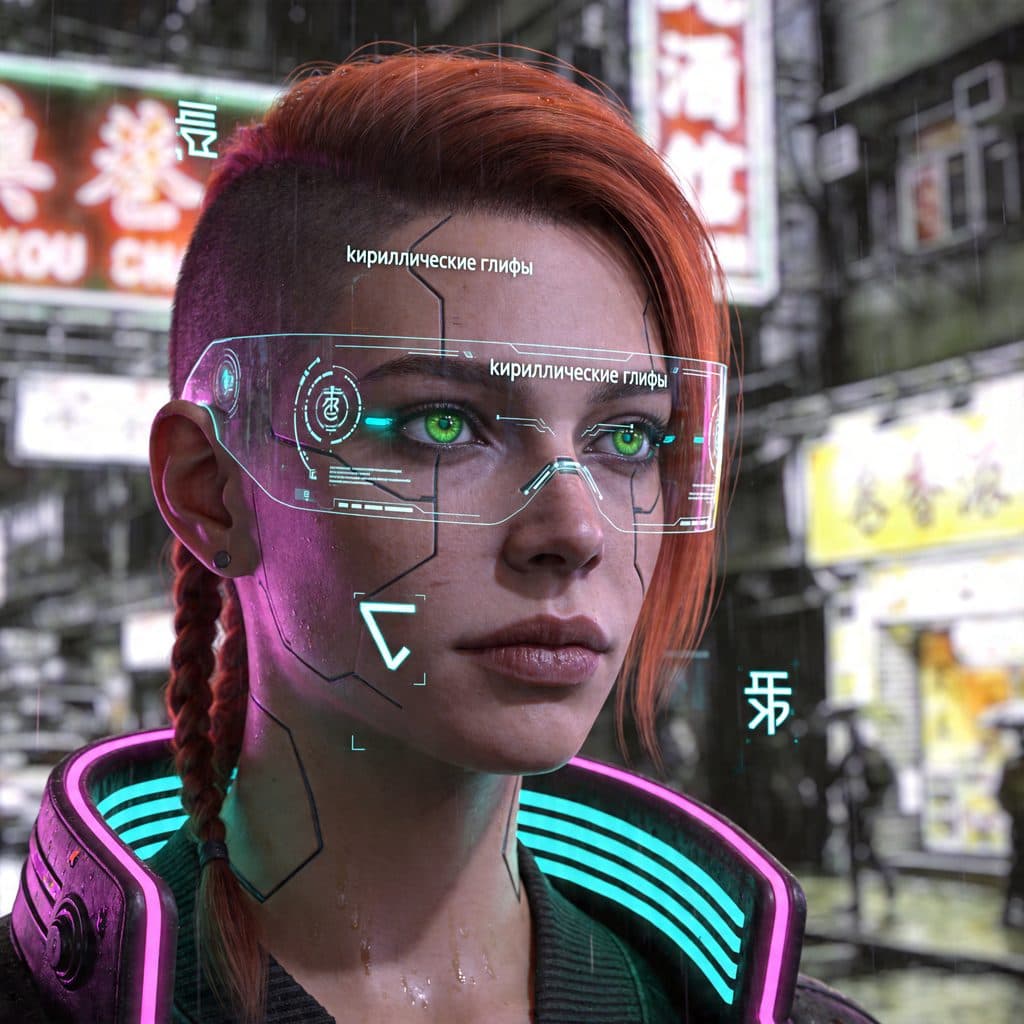 A neon-lit 2087 cyberpunk portrait of copper-haired Mira with glowing iris implants and floating AR overlays.