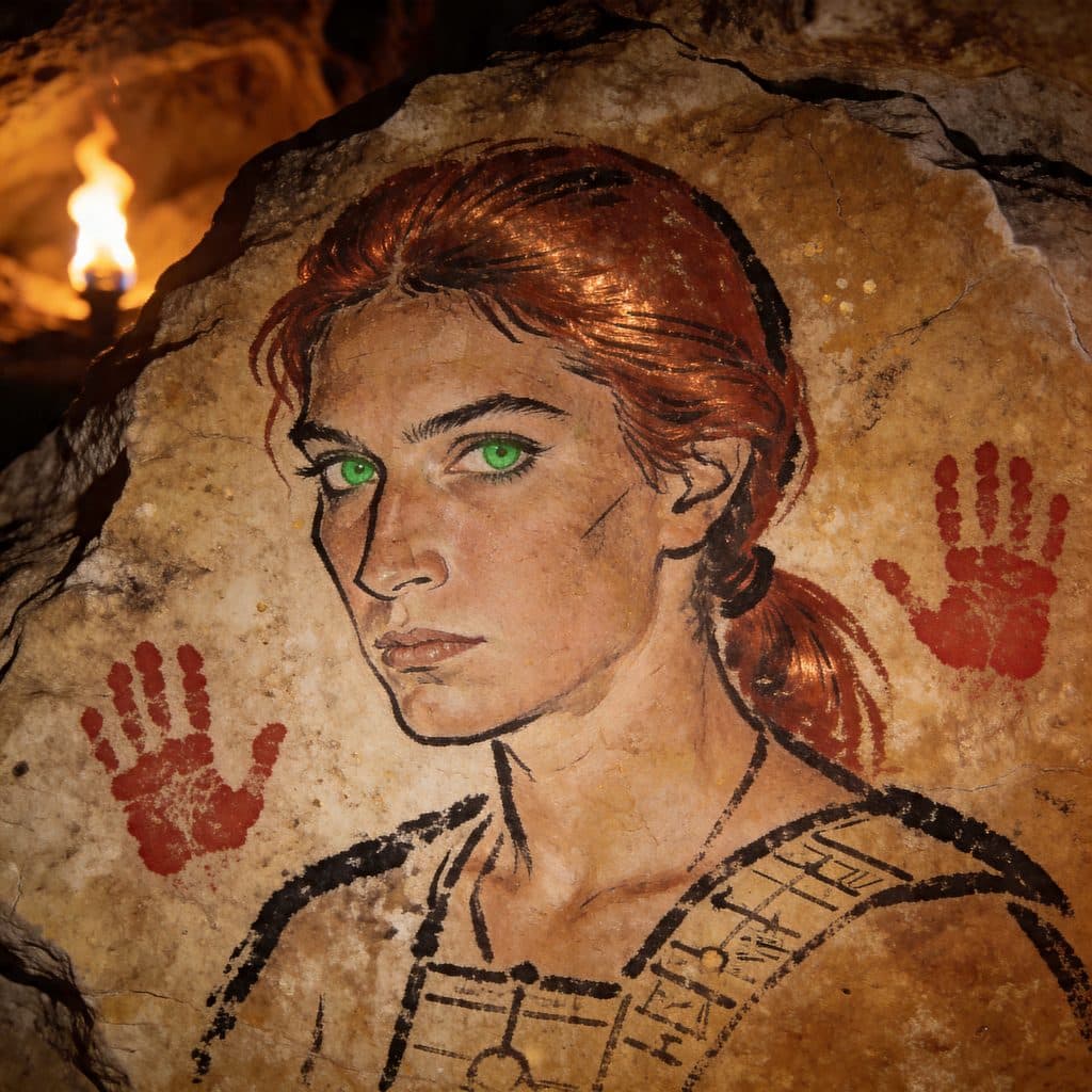 A Paleolithic cave painting of a copper-haired woman named Mira rendered in ochre and charcoal on limestone.