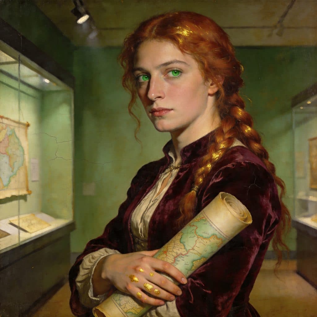 A Renaissance-era Florentine oil portrait of a copper-haired woman named Mira with chiaroscuro lighting.