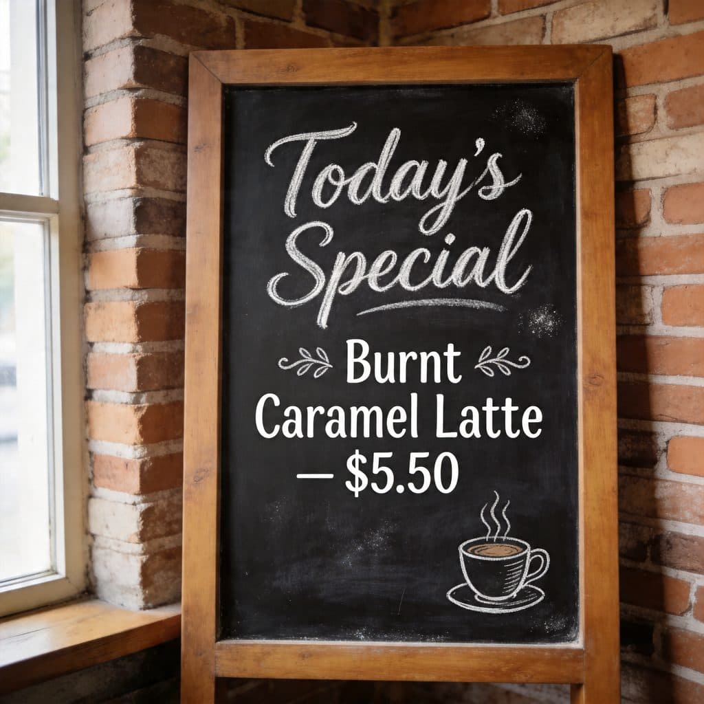 A chalkboard café sign reading Today's Special Burnt Caramel Latte $5.50 with a drawn coffee mug icon.