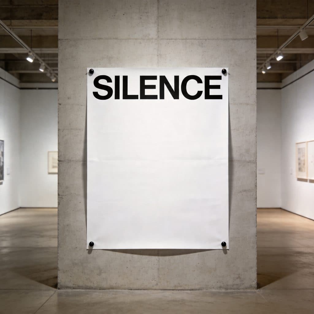 A minimalist Swiss-style gallery poster with the word SILENCE set in crisp 300pt Helvetica Bold on white.