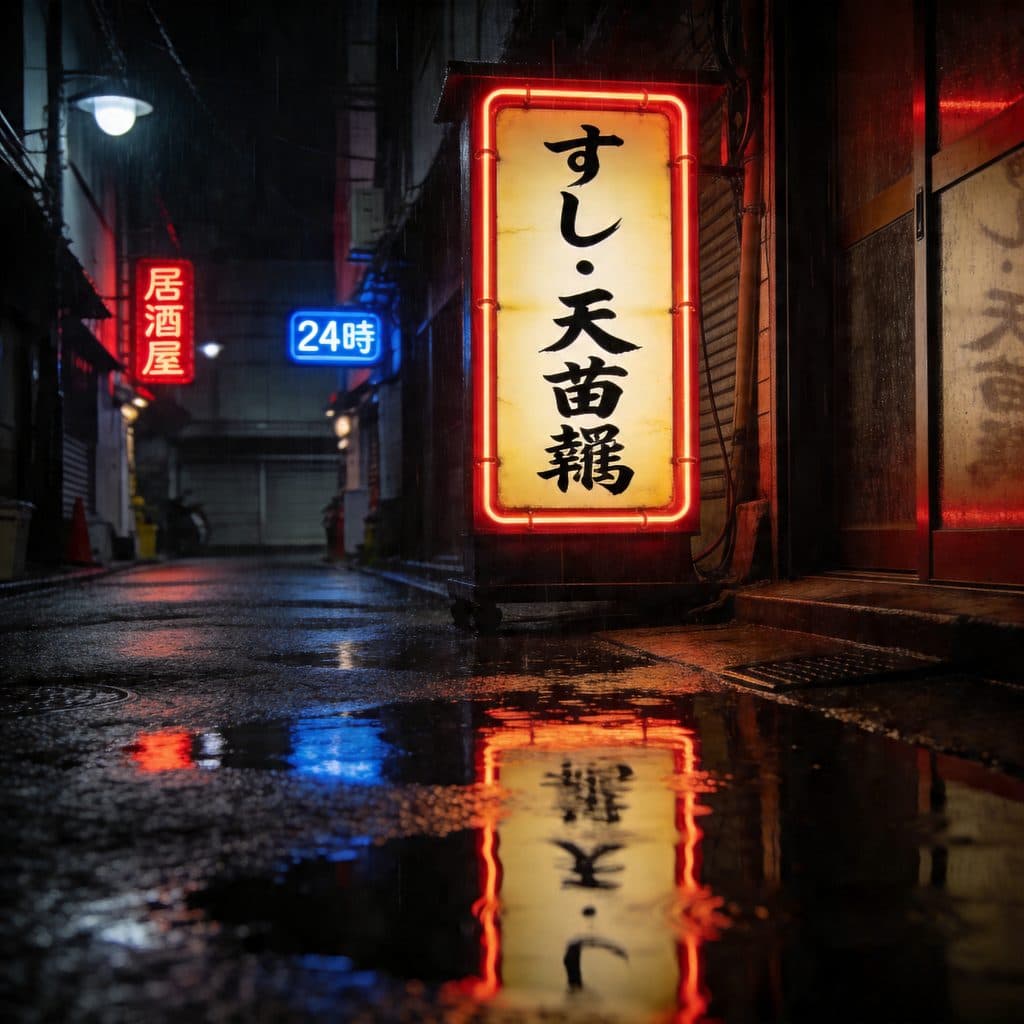 A rain-slicked Tokyo alley with a hand-painted kanji shop sign reading sushi tempura framed by red neon.