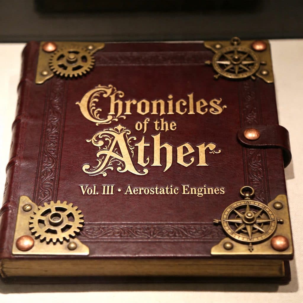 An ornate leather book cover with a brass-embossed title reading Chronicles of the Aether in Victorian serif.